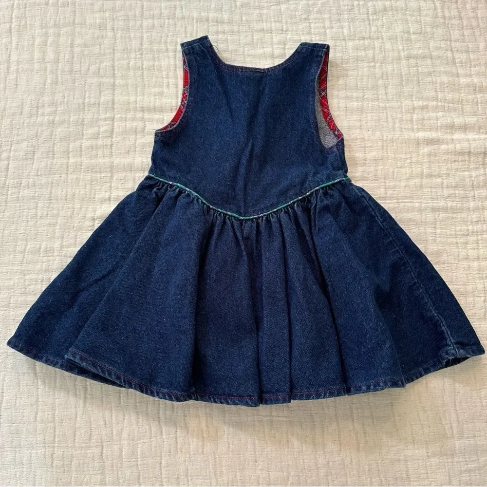 VTG Oshkosh Girls 4 Denim Jumper Overall Dress Blue Red Plaid Christmas USA